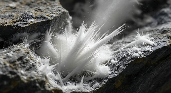Macro Shot of Raw White Chrysotile Asbestos Fibers in Rock Ore Illustrating Hazardous Environmental Health Risks Mesothelioma Danger and Professional Remediation Needs