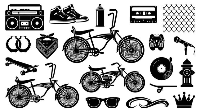 Black  White Graffiti Hip Hop Icons: Boombox, Bikes, Sneakers, Microphone