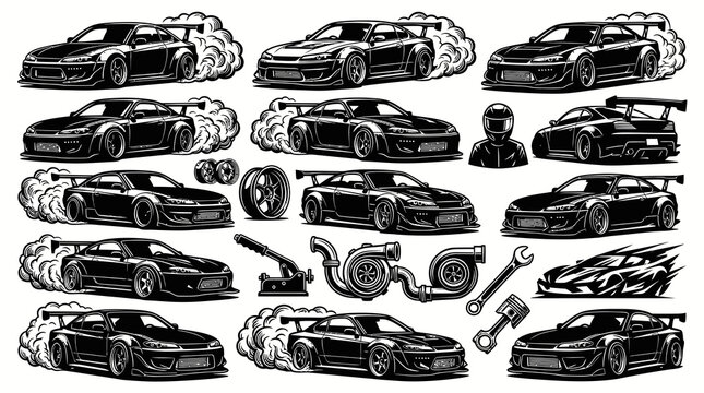 Detailed Automotive Motorsports Black  White Line Art Illustration Set with Drifting Sports Cars and Tuning Parts