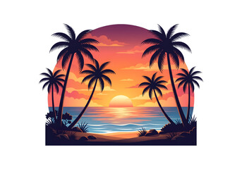 Obraz premium Tropical sunset palm trees orange pink sky png on transparent background