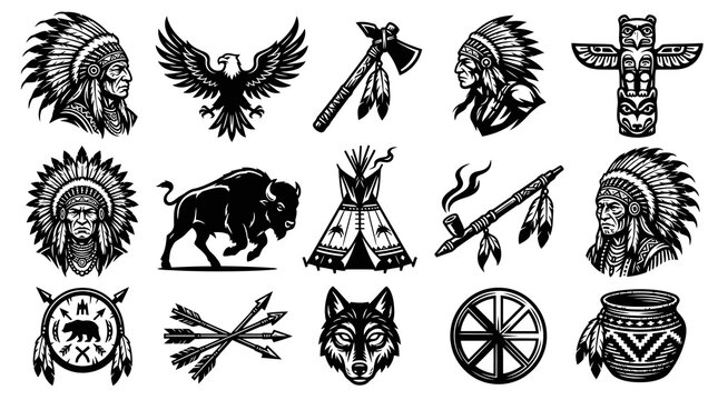 Native American Icons: Chiefs, Buffalo, Eagle, Teepee, Totem Pole, Pipe, Wolf, Wheel, Pot
