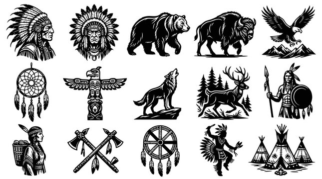 Indigenous American Culture  Wildlife Black  White Line Art Set: Chiefs, Bison, Eagles, Totems  Symbols