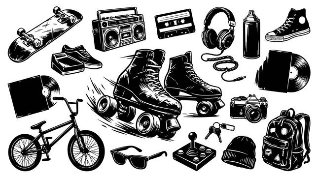Retro Youth Culture Collection: Black and White Engraving Set of 80s 90s Street Fashion  Hobbies