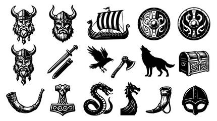 Obraz premium Viking Norse Mythology Symbols Elements Set. Ancient Warrior Helmets, Weapons, Animals, Longboat. Black White Line Art Icons.