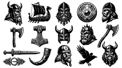 Obraz premium Detailed Black and White Engraving Style Viking Norse Icons Set: Warriors, Helmets, Axes, Ship, and Shield