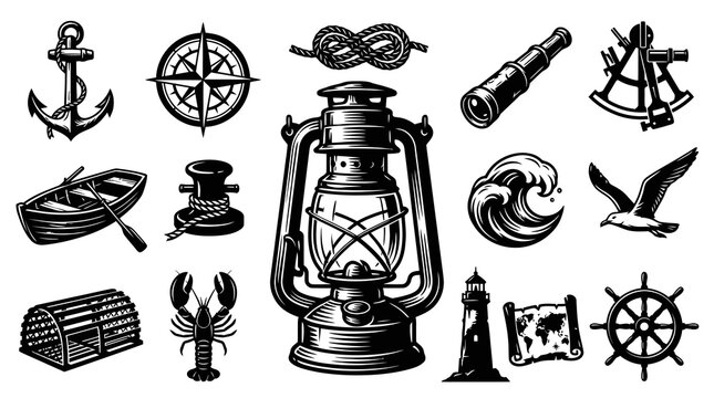 Nautical Marine Elements Set. Vintage Black and White Engraving Style Ocean Symbols and Icons Collection.