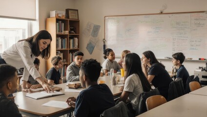 Fototapeta premium Teacher assisting students in classroom setting during lesson.