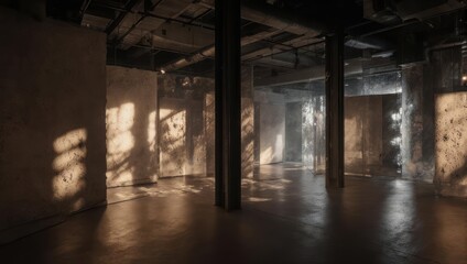 Fototapeta premium Sunlit Interior Space with Pillars and Shadow Play.