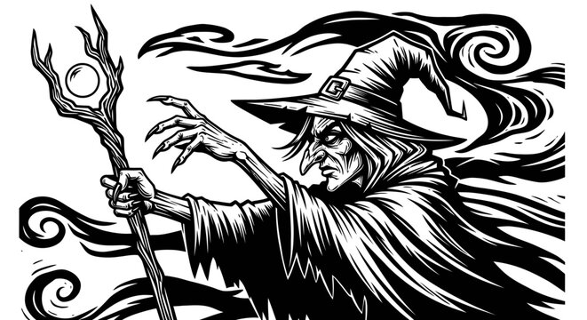 Gothic black and white illustration of a witch or wizard casting a spell with a magical staff, dark fantasy character.