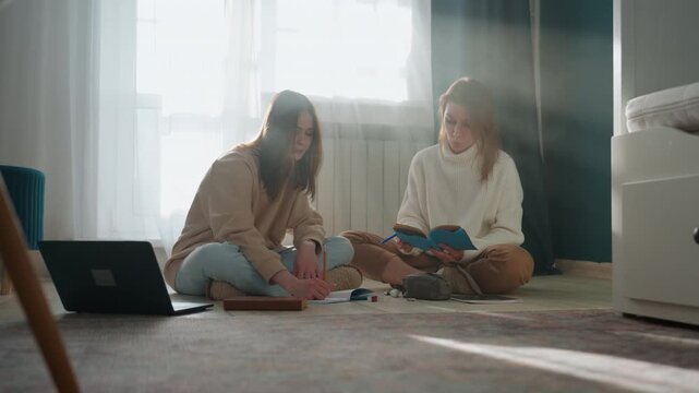 Gentle exam prep counseling caucasian coach supporting student through review exercises, calming gestures and breathing, notebook and laptop nearby, soft sunlight through window, reassuring tone,
