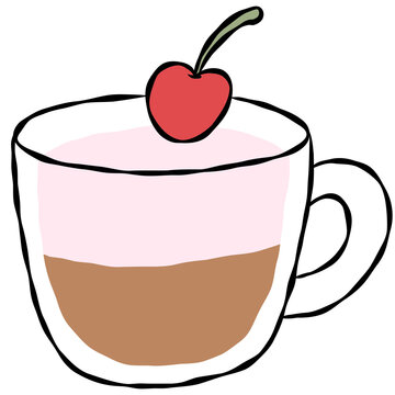 Hand-drawn coffee cup with cherry topping, cute illustration