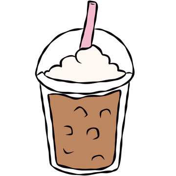 Hand-drawn iced coffee in a takeaway cup with straw