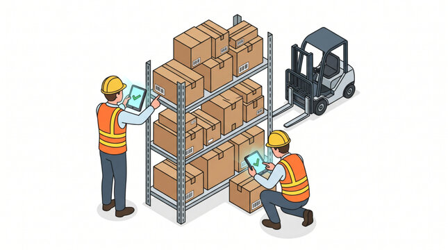 Isometric illustration of warehouse staff conducting an annual inventory count with digital tablets