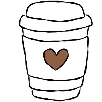 Hand-drawn coffee cup with heart symbol, cute takeaway beverage illustration