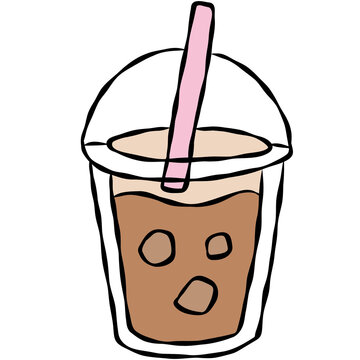 Hand-drawn iced coffee in a takeaway cup with straw