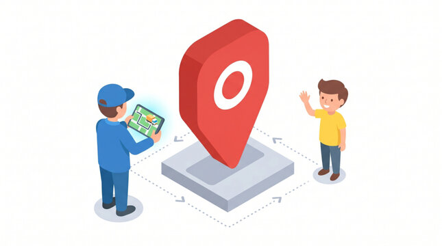 Isometric illustration of a courier driver navigating routes next to a giant GPS pin location marker
