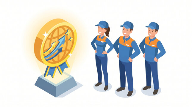 Isometric illustration of a distribution team standing proudly next to a giant global trading medal emblem