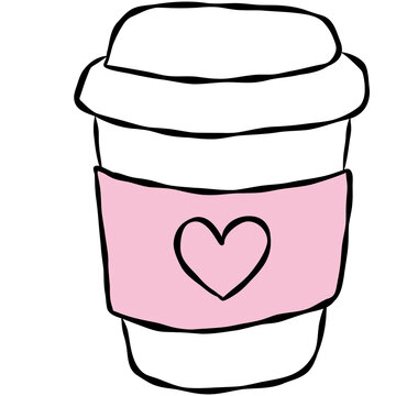Hand-drawn coffee cup with heart symbol, cute takeaway beverage illustration