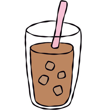Hand-drawn iced coffee in a takeaway cup with straw