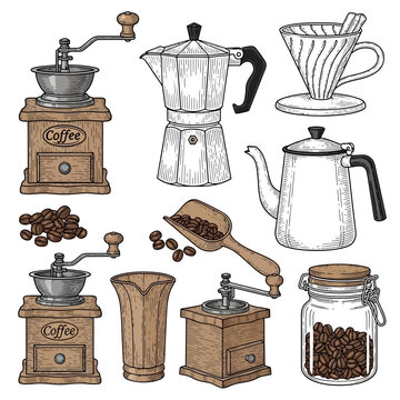 An illustration shows various coffee makers and grinders with coffee beans on a clean background.
