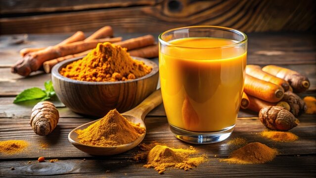 Close up of immunity boosting spicy turmeric juice and powder on a wooden table