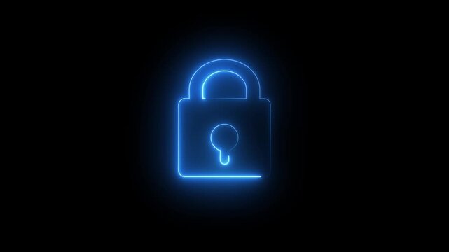 Animation lock icon protection safety security privacy password.glowing neon lock secures digital.