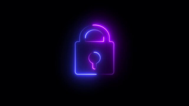 Animation lock icon protection safety security privacy password.glowing neon lock secures digital.