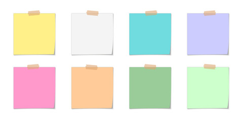 Fototapeta na wymiar Colorful sticky note with duct tape, post it note paper, memo reminder, Blank Office Reminder. Sticky paper note with clipping path isolated on transparent background. Vector illustration