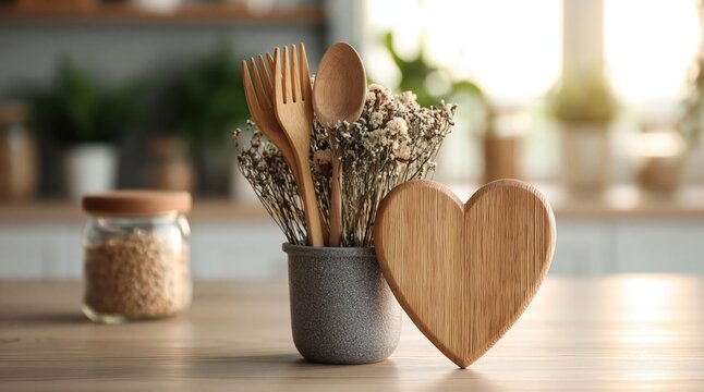 Kitchen rustic decor with a wooden heart and utensils on a cozy home wood table