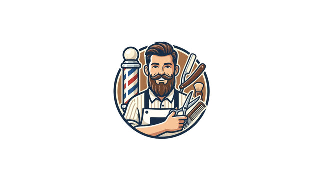Bearded Barber with Scissors, Razor, and Comb - Vintage Style Logo