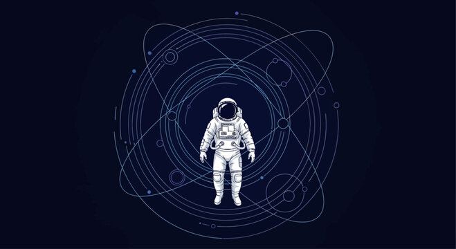Astronaut in geometric orbit pattern, space exploration, science and technology concept