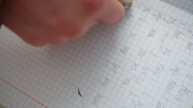 Hand erasing algebra marks on paper, coach removing errors from timed test with decisive strokes, closeup of determined hand and eraser on graph sheet, smudged calculations fading away, concentrated