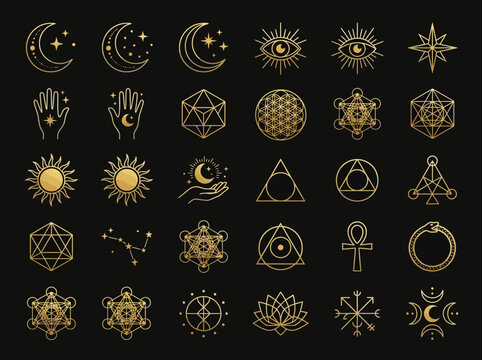 Collection of Sacred Geometry and Mystical Esoteric Symbols in Gold Foil Style, Alchemy Occult and Spiritual Icon Set on Black Background