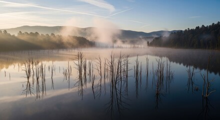 Fototapeta premium Misty Morning Lake with Silhouetted Trees and Mountain Reflection.