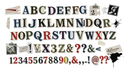 Vintage ransom note alphabet vector set, torn newspaper letters and numbers, retro magazine cutout typography for collage and mystery design © Allah Nabi k supurd
