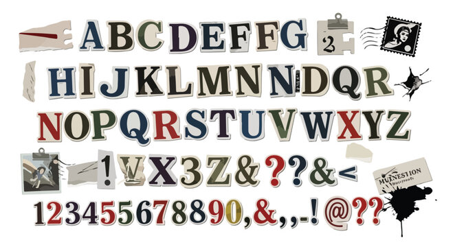 Vintage ransom note alphabet vector set, torn newspaper letters and numbers, retro magazine cutout typography for collage and mystery design