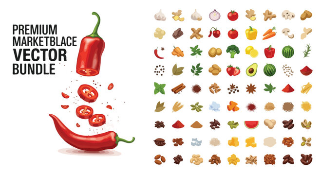 Fresh vegetable and spice vector bundle, realistic food icons set with red chili pepper, culinary ingredients for cooking and recipe design