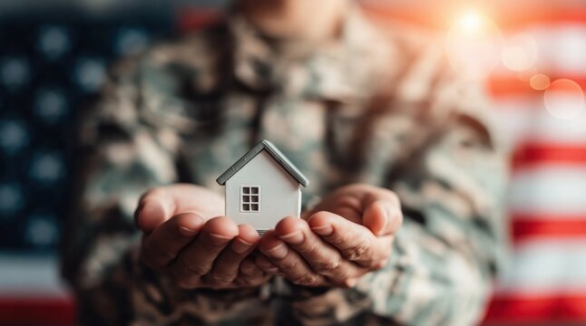 Soldier holding a small house model for military veteran housing and patriotism