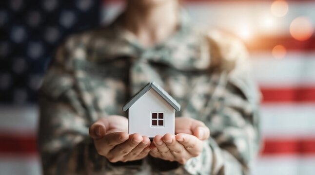 Soldier holding a model house for veteran housing support with american flag background