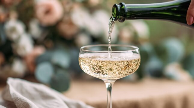 Champagne pouring into a sparkling coupe glass at a festive wedding celebration