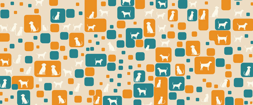 multiple dog silhouettes in colored geometric squares