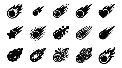 Collection of stylized meteor and comet icons with trails, representing space phenomena and celestial bodies. © yuanita