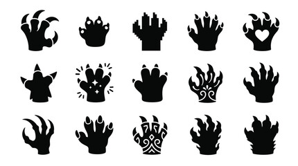 Collection of Black Silhouette Icons Representing Various Animal Claws and Paws. © yuanita