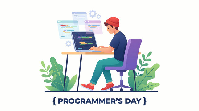 programmer's day, coder sitting at desk with laptop