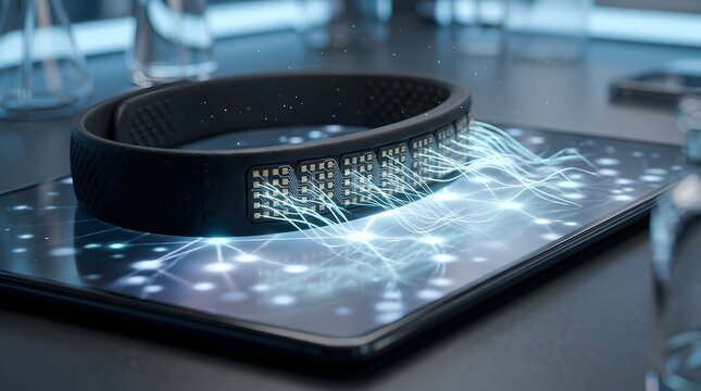 Smartband sits on a glowing digital tablet displaying network connection statistics.