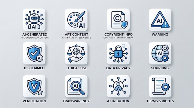 Modern icon set depicting crucial principles for artificial intelligence content, data governance, digital rights, ethical considerations, and transparency