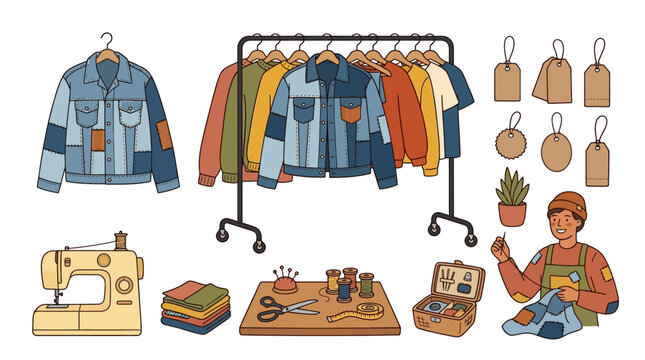 Thrifted clothing rack with patchwork denim jackets for sustainable fashion workshop branding and second-hand apparel retail design