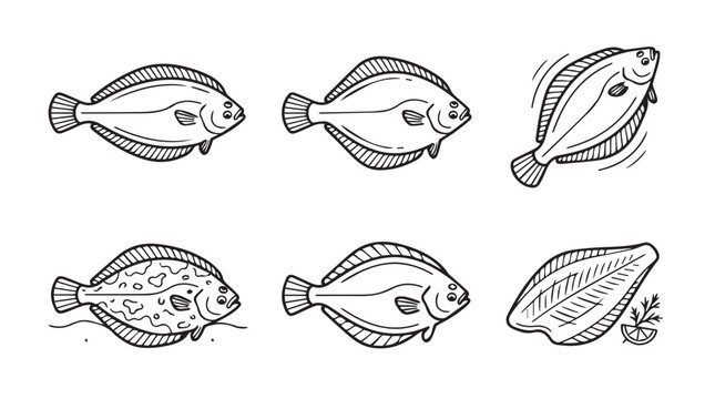 Set of flatfish species line art illustration in black and white sketch style with flatfish flounder wildlife illustration collection monochrome swimming underwater creature vertebrate
