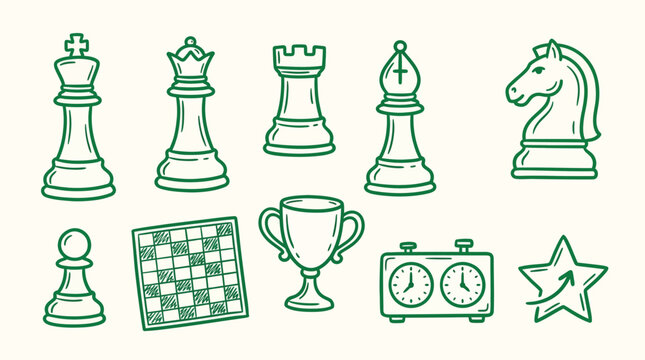A collection of hand-drawn green outline illustrations depicting various chess pieces, a chessboard, a trophy, and a chess clock, representing the game and its achievements.