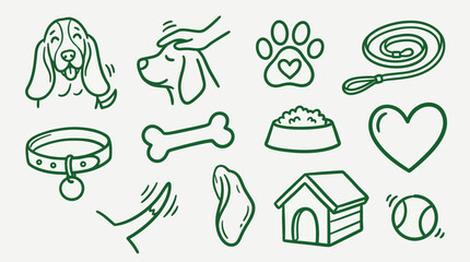 Fototapeta premium Hand-drawn green outline icons depicting various dog-related items and pet care activities on a light background, perfect for pet shop branding or animal welfare designs.